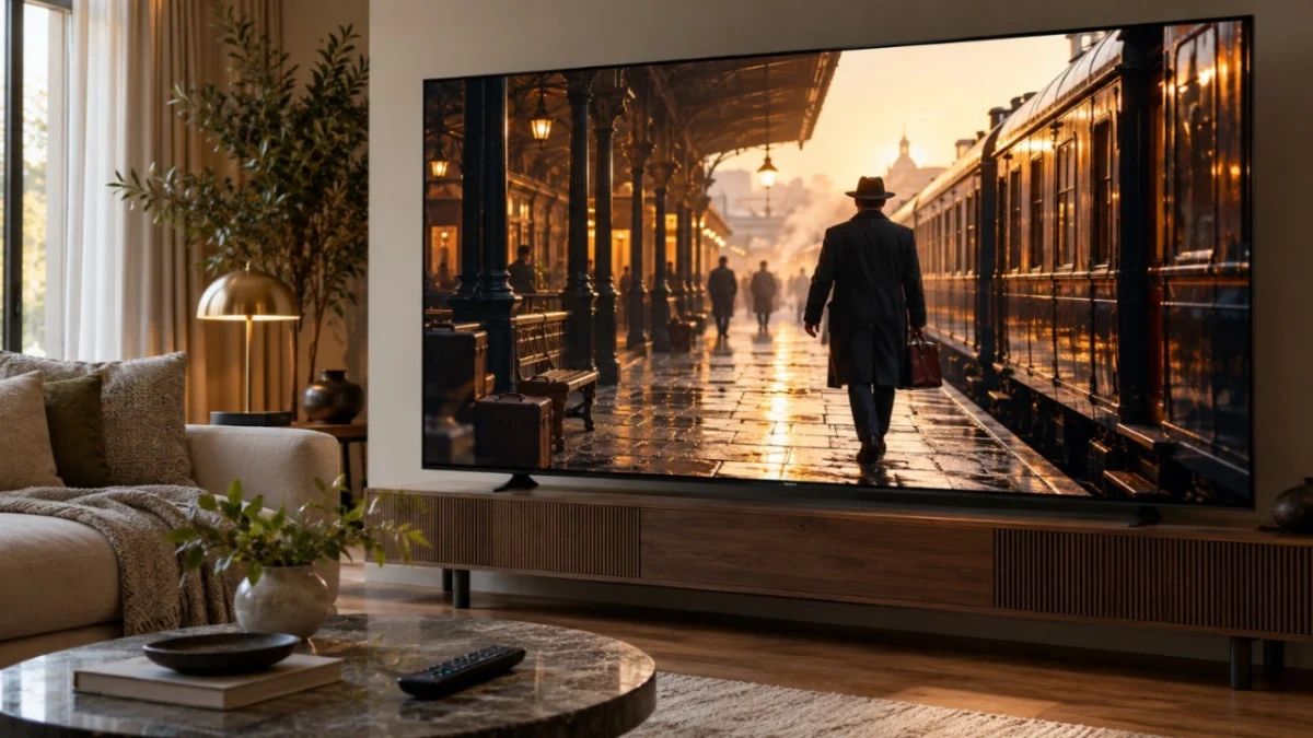 Bir televizyonda sokakta yürüyen bir kişinin yer aldığı film sahnesi gösteriliyor.