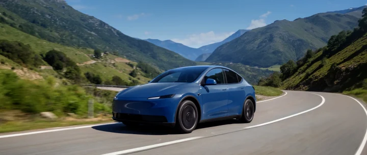 Mavi bir Tesla otomobil dağlık bölgede kıvrımlı bir yolda ilerliyor