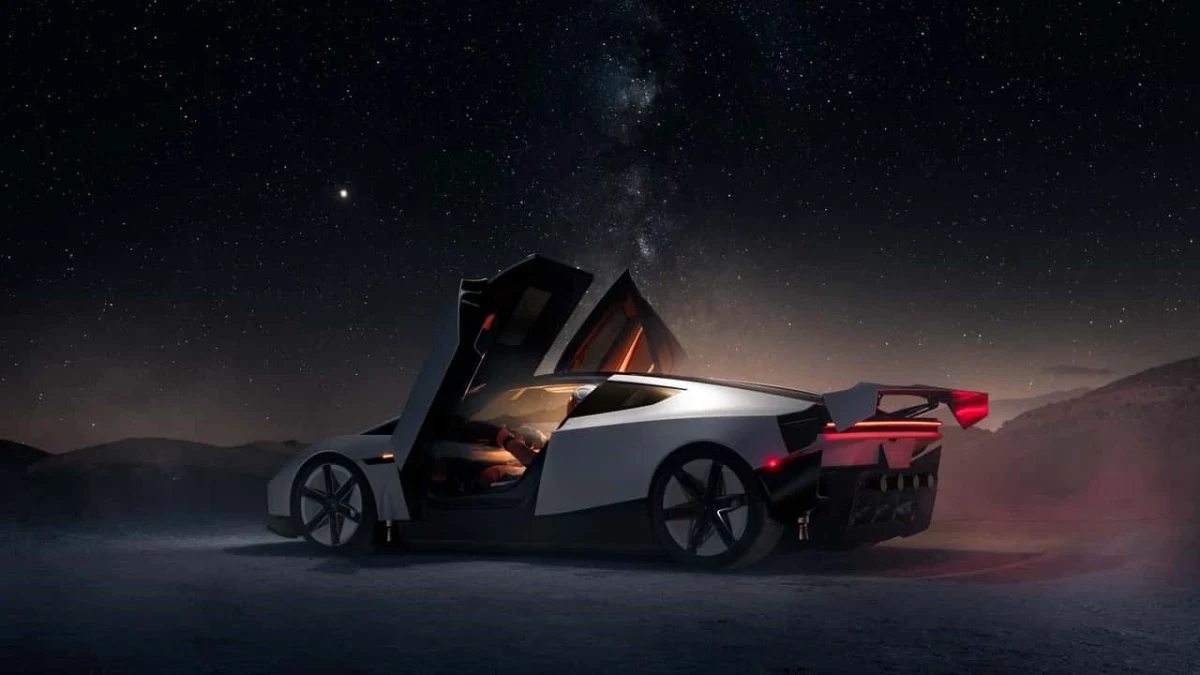 Kapıları açık Tesla Roadster gece ortamında