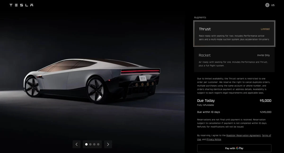 Tesla Roadster rezervasyon sayfasında otomobil görseli ve rezervasyon koşulları
