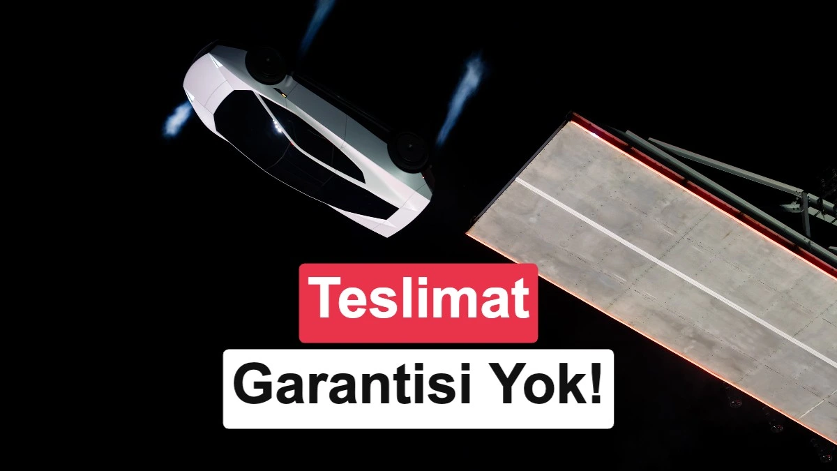 Karanlık fonda yukarıda uçuyormuş gibi gösterilen Tesla Roadster ve teslimat garantisi bulunmadığını belirten yazı