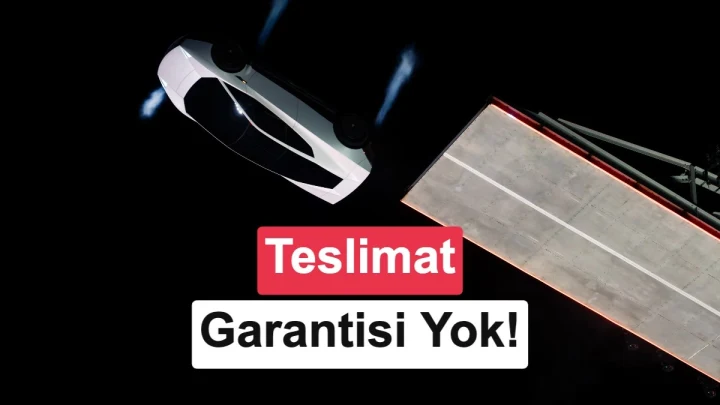 Karanlık fonda yukarıda uçuyormuş gibi gösterilen Tesla Roadster ve teslimat garantisi bulunmadığını belirten yazı