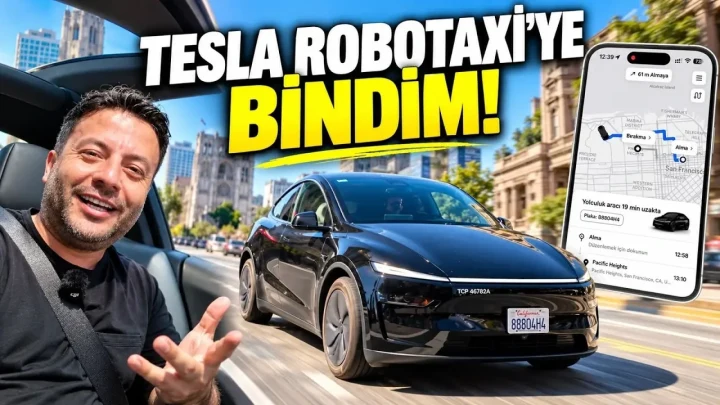 Tesla Robotaxi denemesini gösteren kapak görselinde Model Y, telefon uygulaması ve yolculuğu anlatan sunucu yer alıyor