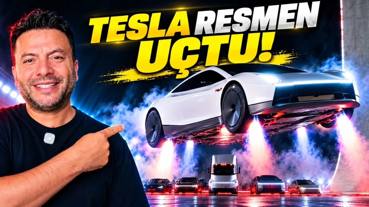 Tesla’nın uçtuğu mesajını veren başlık eşliğinde havada gösterilen beyaz spor otomobil ve aracı işaret eden sunucu