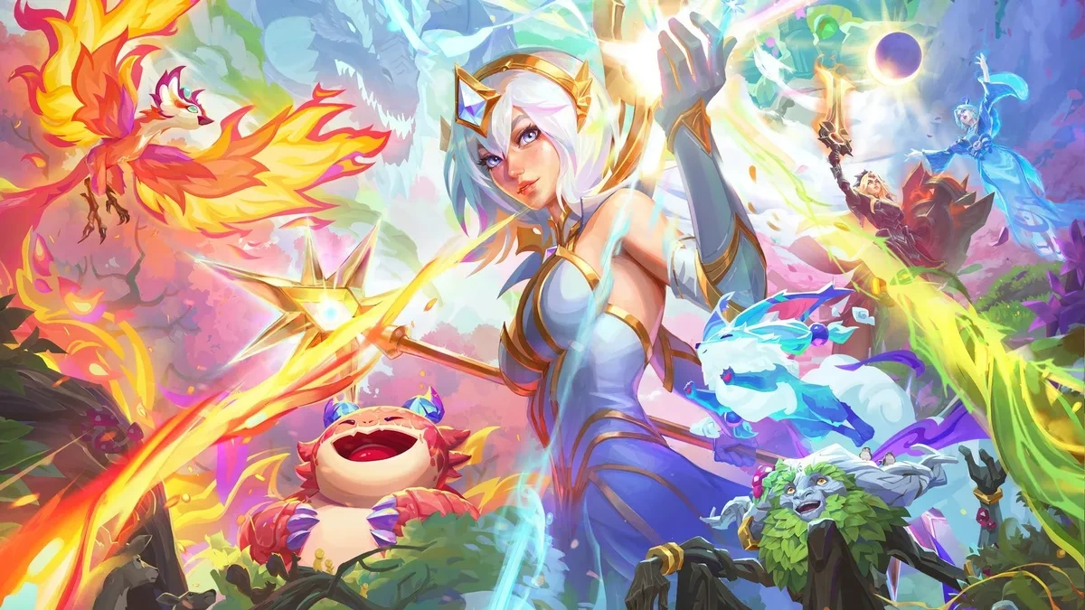 Teamfight Tactics evreninden karakterleri ve fantastik yaratıkları bir arada gösteren renkli kapak görseli