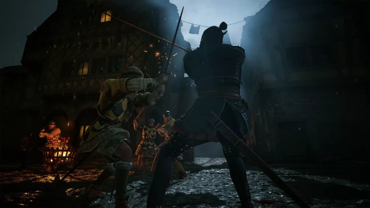 The Blood of Dawnwalker’da karanlık bir sokakta karşı karşıya gelen karakterler