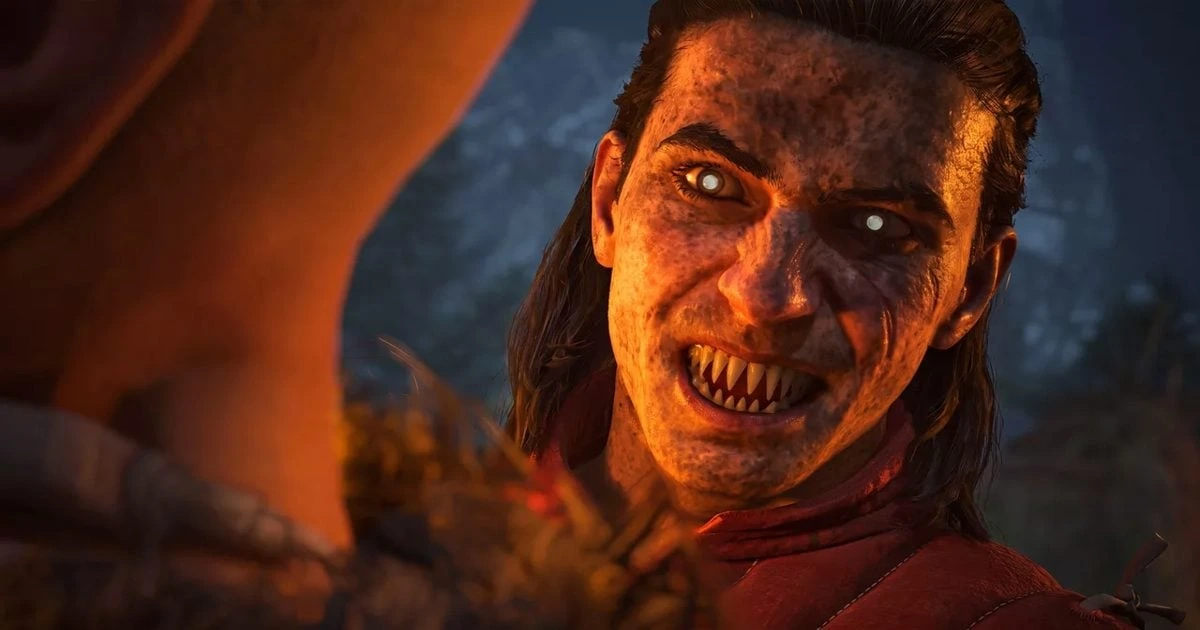 The Blood of Dawnwalker’dan turuncu ışıkla aydınlanan, dişlerini gösteren vampir karakter