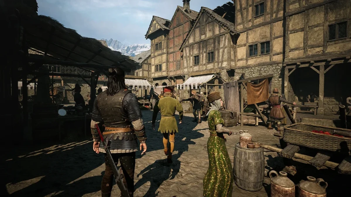 The Blood of Dawnwalker’da ahşap binaların çevrelediği kalabalık bir pazar yeri