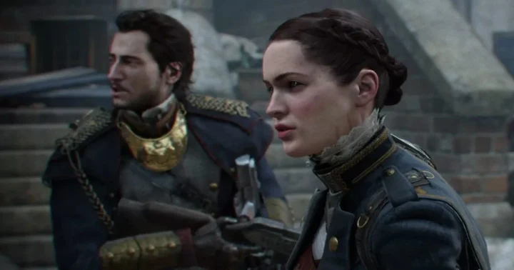 The Order: 1886 oyununda iki karakter, taş merdivenlerin önünde görülüyor