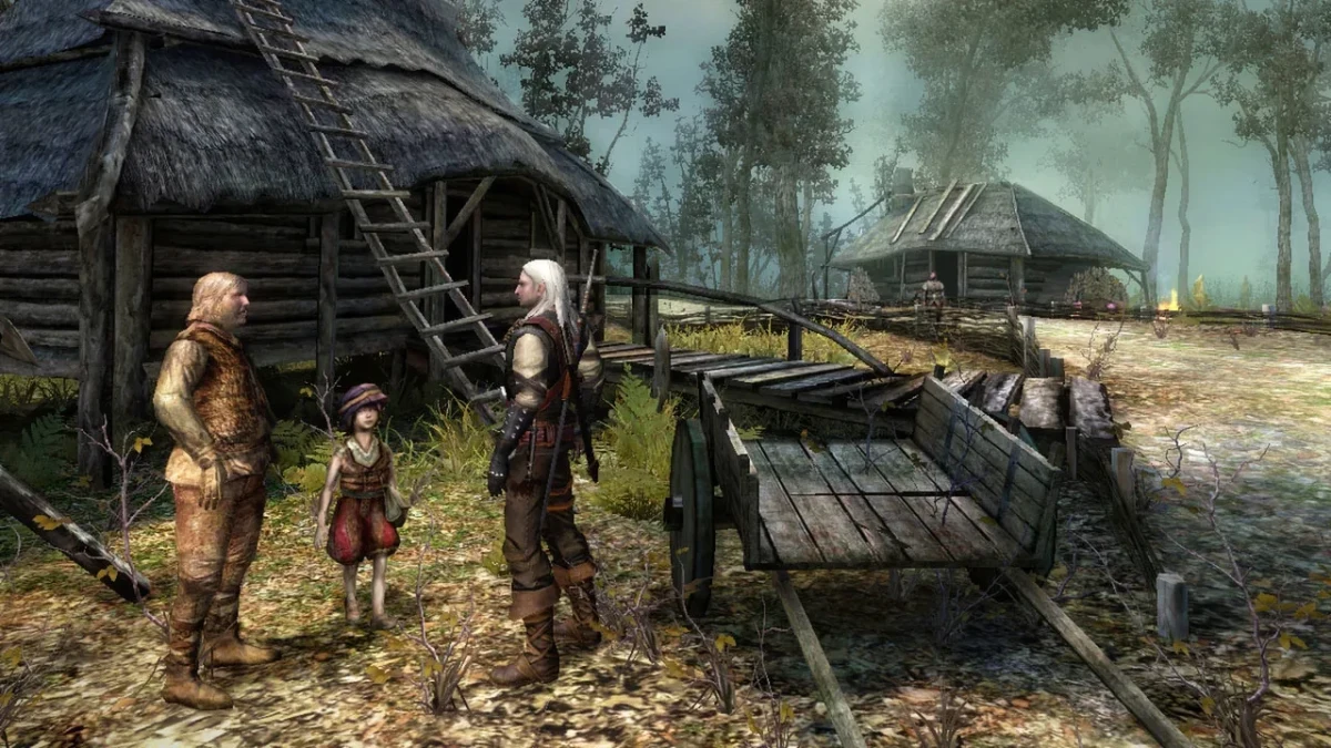 The Witcher oyununda Geralt’ın bir köyde iki kişiyle konuştuğu sahne