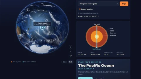 ThroughEarth sitesinde Dünya küresi ve seçilen noktanın karşı tarafını gösteren arayüz
