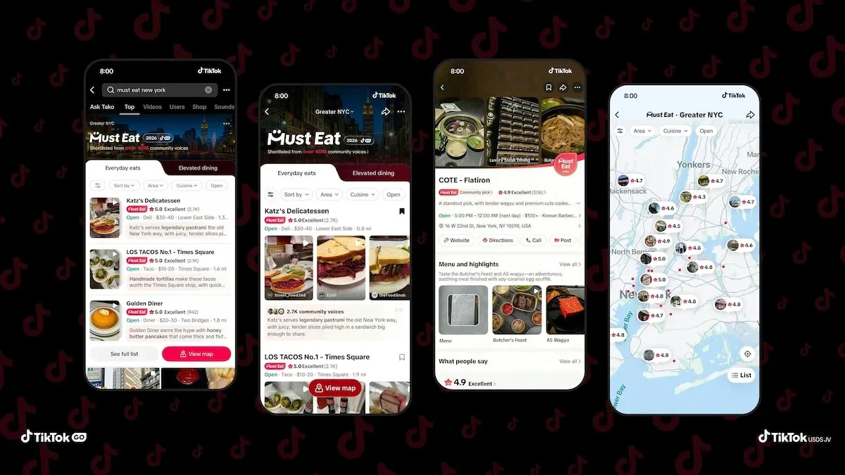 TikTok Must Eat restoran rehberinin restoran listelerini ve harita görünümünü gösteren uygulama ekranları