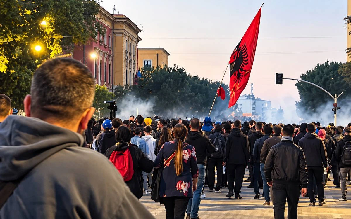 Tiran’da Arnavutluk bayrağı taşıyan kalabalık protestocular bir caddede ilerliyor