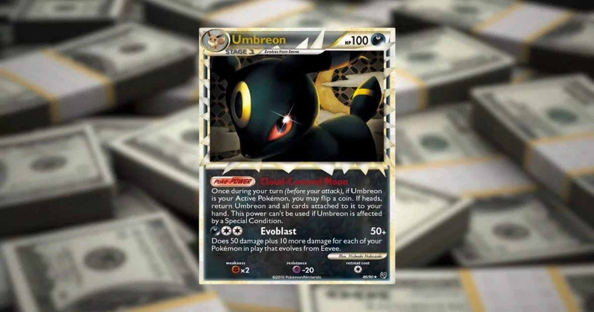Umbreon Pokémon kartı, arka planda dağınık banknotlarla birlikte sergileniyor