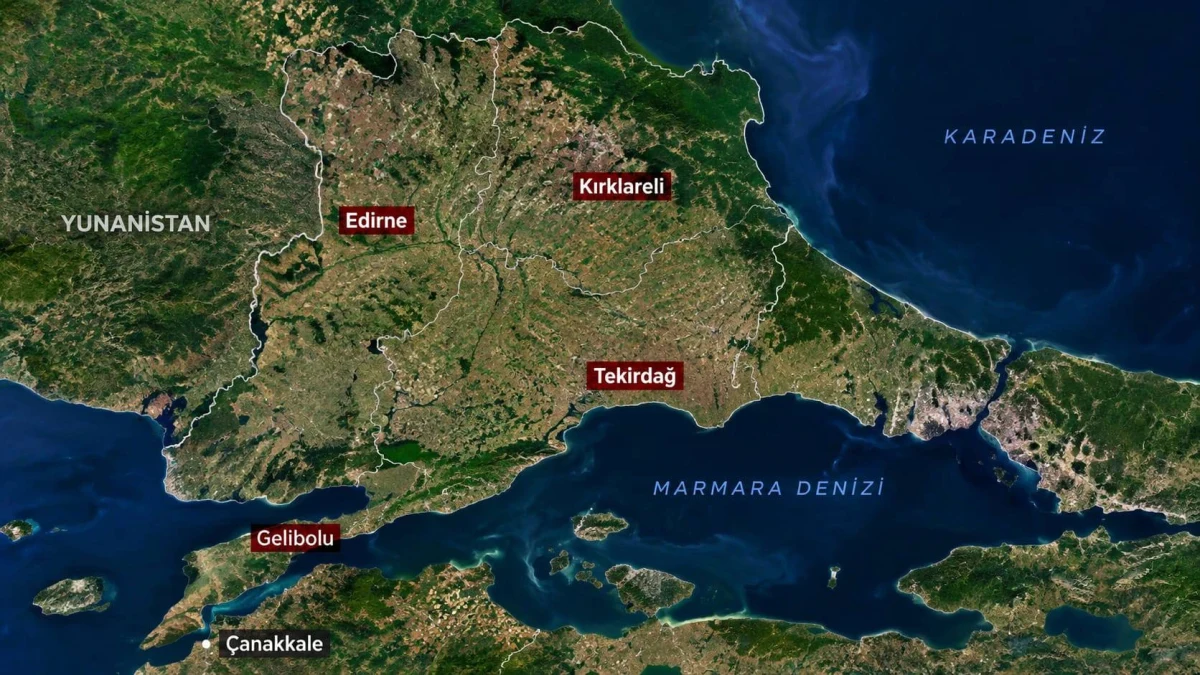 Trakya haritasında Edirne, Kırklareli, Tekirdağ ve Gelibolu etiketleri