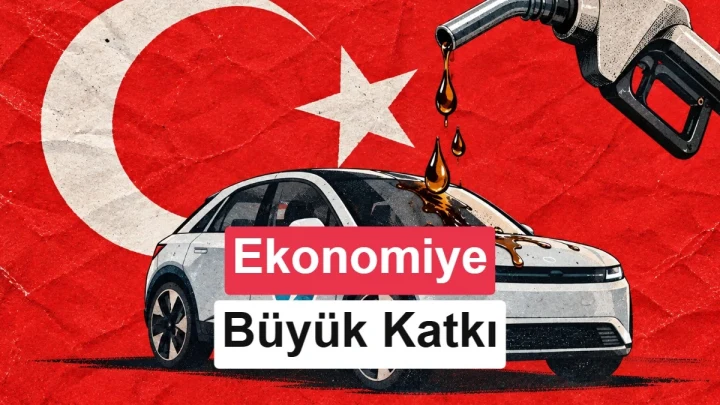 Türk bayrağı önünde elektrikli otomobil ve araca yakıt damlatan pompa illüstrasyonu