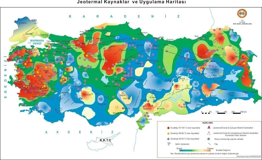 Türkiye’deki jeotermal kaynakları ve uygulamaları gösteren harita