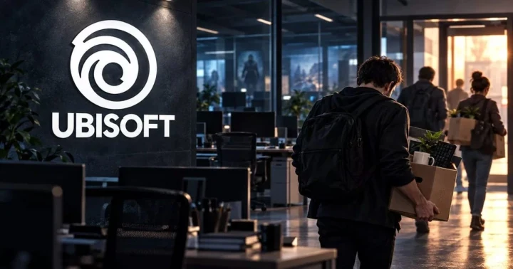 Ubisoft logosu bulunan ofiste kutu taşıyan bir çalışan