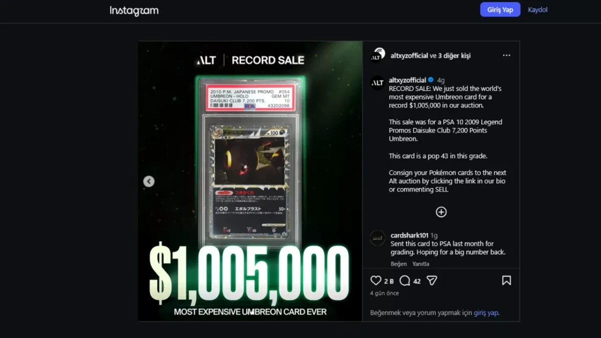 Instagram paylaşımında Umbreon kartı için 1.005.000 dolarlık satış tutarı gösteriliyor