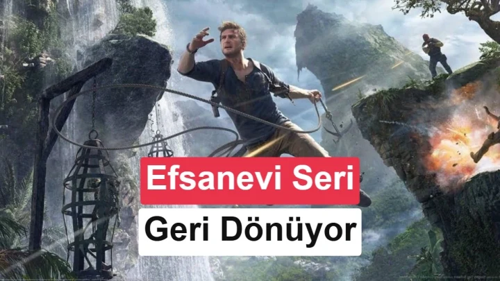 Uncharted görselinde Nathan Drake bir uçurumdan atlarken görülüyor