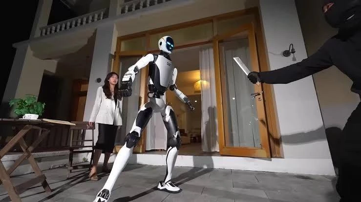 Unitree H2-X insansı robotu, bir kişinin elinde tuttuğu nesneye karşı duruş sergilerken