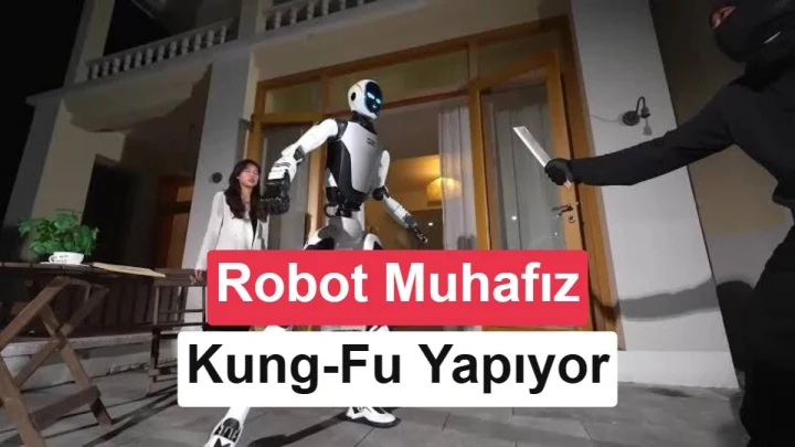 Unitree H2-X insansı robotu, bir kişinin elinde tuttuğu nesneye karşı duruş sergilerken