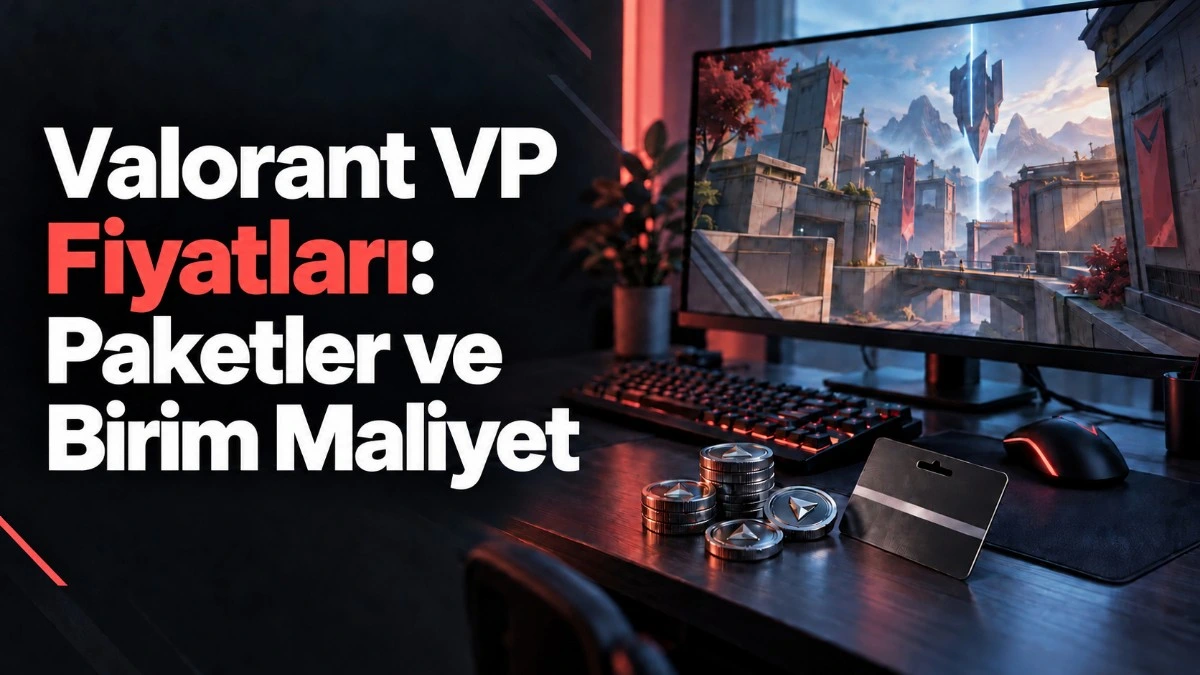 Valorant VP fiyatları ve paket maliyetleri başlıklı görsel; oyun ekranı bulunan masaüstü bilgisayar ve çevre birimleri
