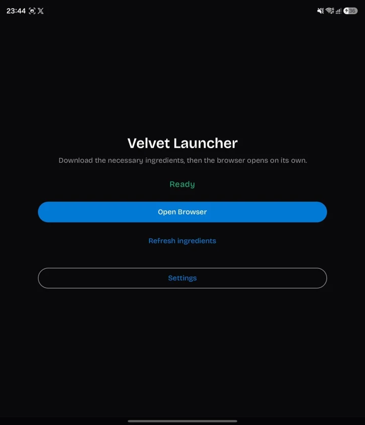 Velvet Launcher uygulamasının Open Browser düğmesini gösteren telefon ekranı