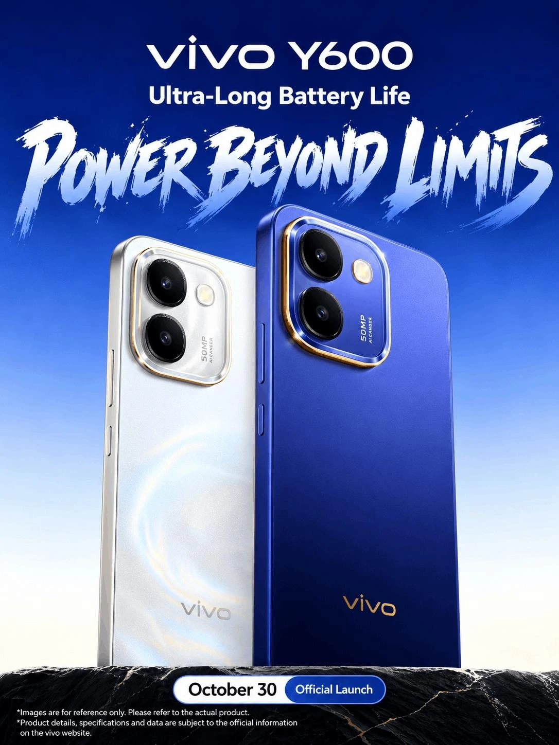 Vivo Y600’ün beyaz ve mavi renkli modellerinin tanıtım görseli