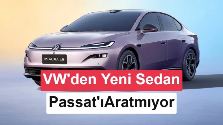 Mor renkli Volkswagen ID. Aura L5 elektrikli sedanın önden ve yandan görünümü