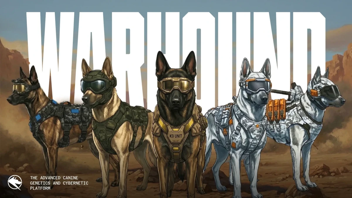 Warhound yazısı önünde koruyucu ekipmanlar giyen köpeklerin illüstrasyonu