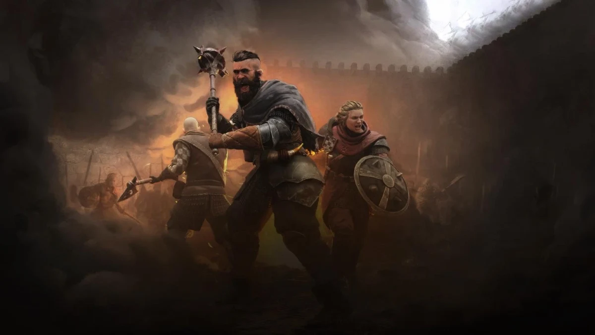 Wartales oyununda silahlı ve kalkanlı karakterlerin yer aldığı sahne