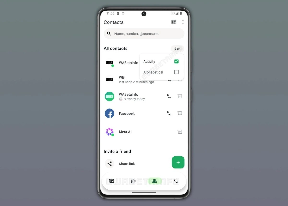 WhatsApp Android beta sürümündeki Kişiler sekmesinde kişi listesi, arama ve davet seçenekleri