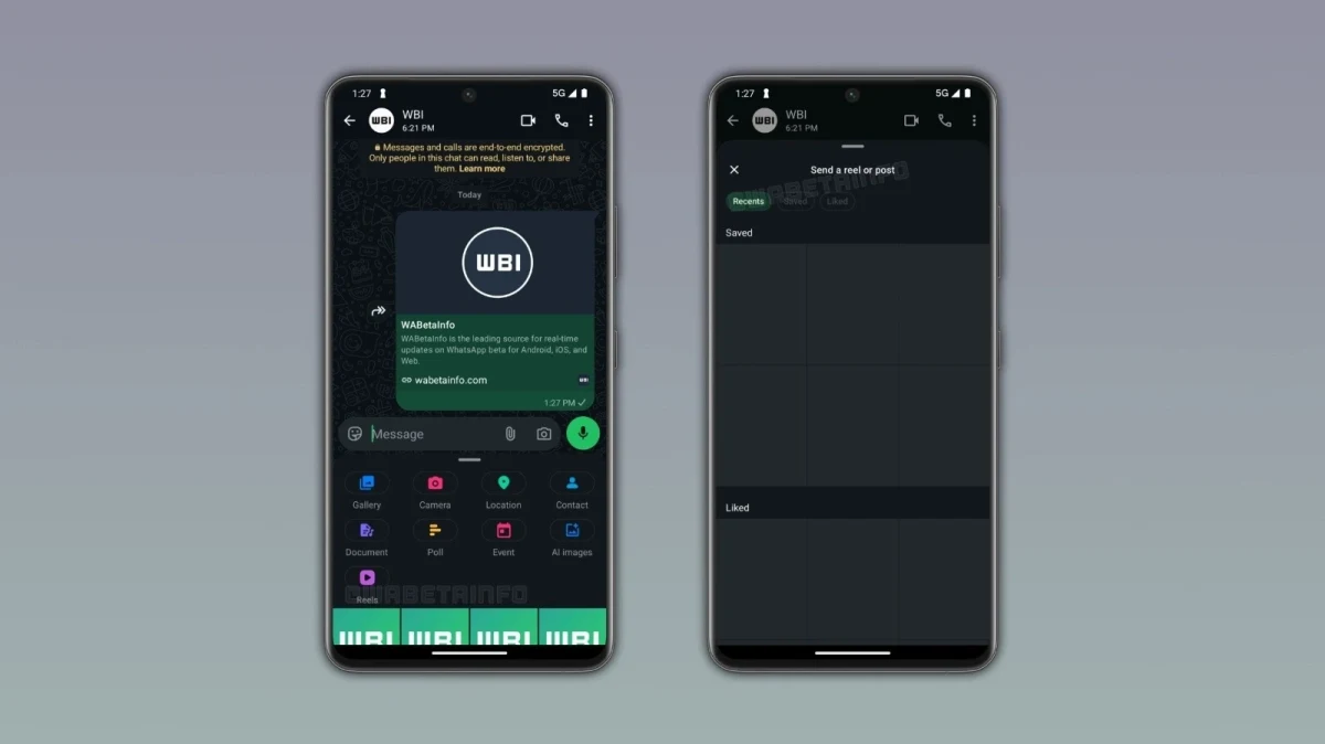 WhatsApp sohbet ekleri menüsü ve Reels içerik seçicisinin iki telefon ekranındaki görünümü