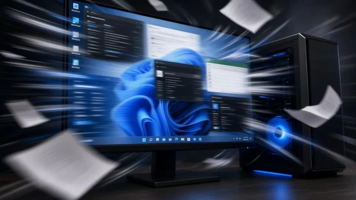 Windows 11 arayüzü açık bilgisayar ekranı ve masaüstü bilgisayar kasası