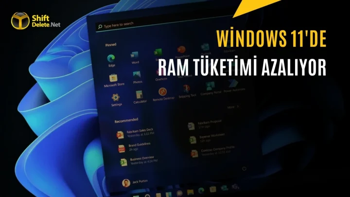 Windows 11 masaüstü ve Başlat menüsü üzerinde RAM tüketiminin azalacağını belirten görsel