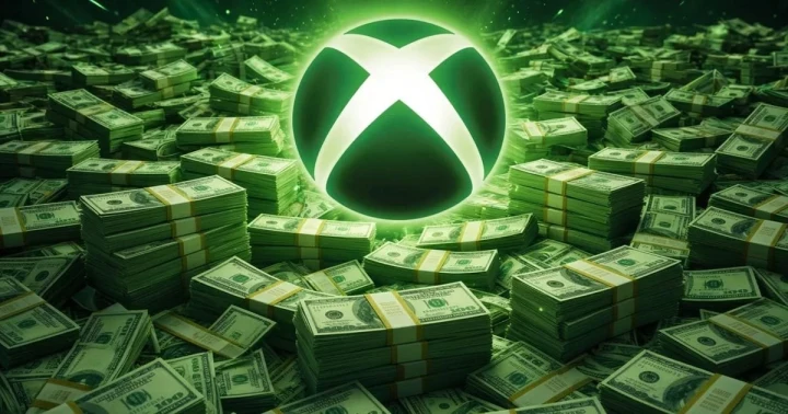 Xbox logosu, çevresinde yığınlar halinde dolar banknotlarıyla gösteriliyor