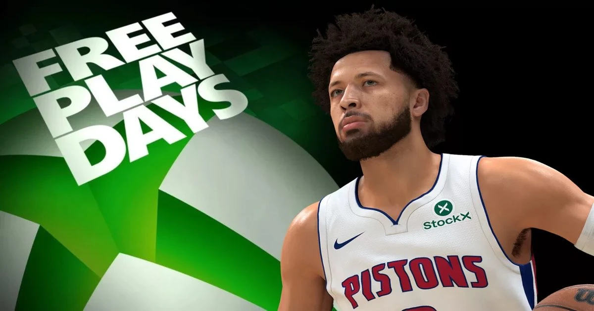 Xbox Free Play Days görselinde Pistons forması giyen bir basketbolcu ve etkinliğin yeşil grafikleri