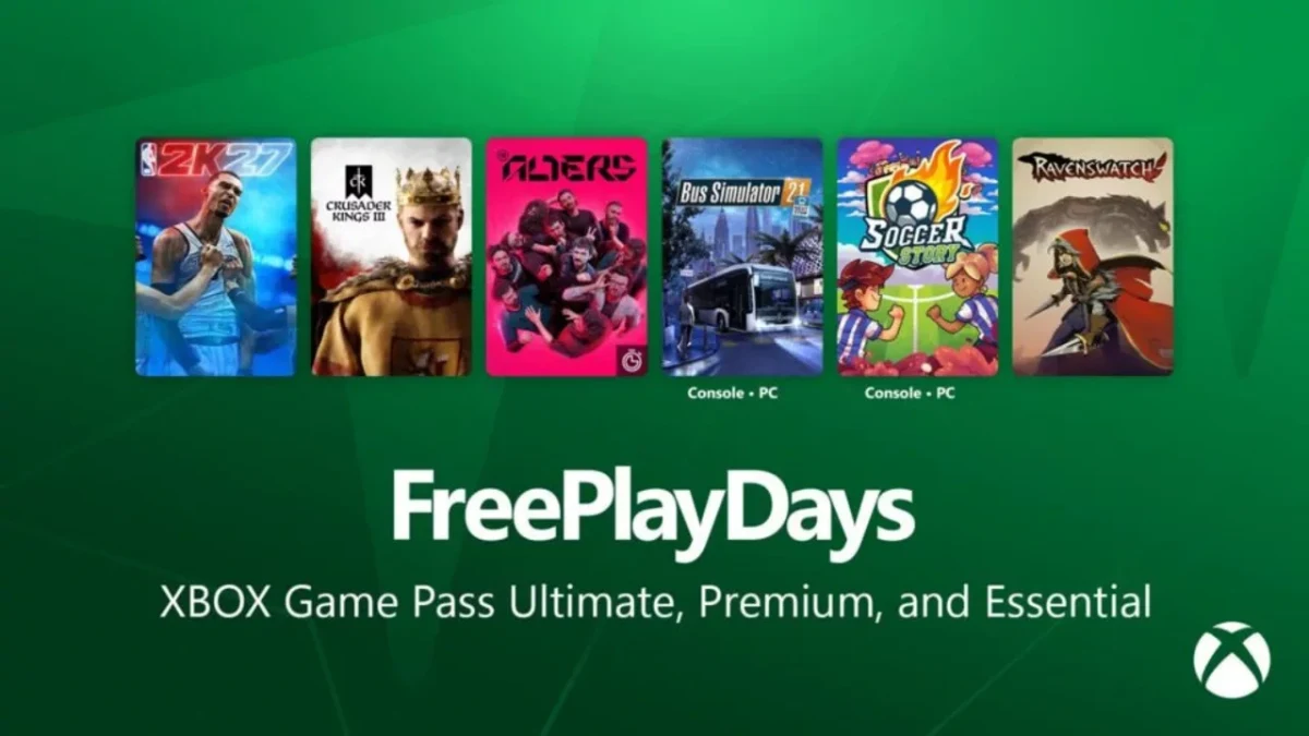 Free Play Days tanıtım görselinde NBA 2K27, Crusader Kings III, F1 25, Bus Simulator 21, Soccer Story ve Ravenswatch oyunları