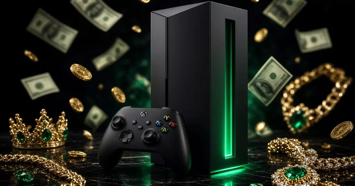 Xbox konsolu ve oyun kumandası, çevresinde dolar banknotları ve altın takılar