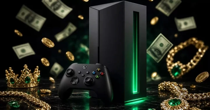 Xbox konsolu ve oyun kumandası, çevresinde dolar banknotları ve altın takılar