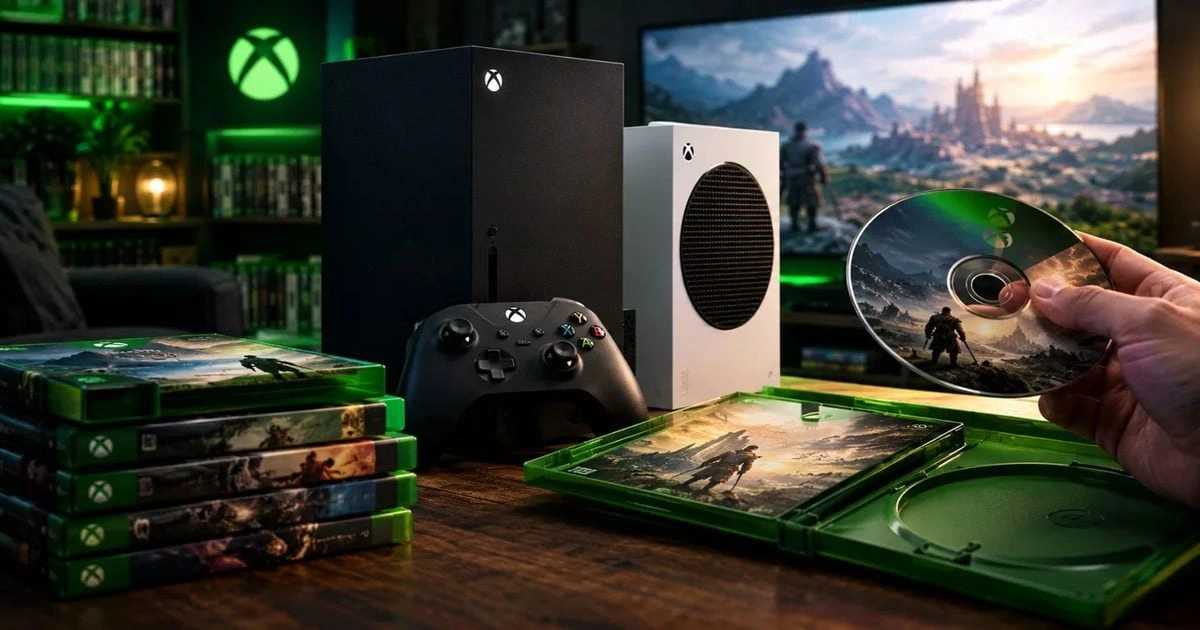 Xbox konsolları, oyun kutuları ve elde tutulan oyun diskinin yer aldığı görsel