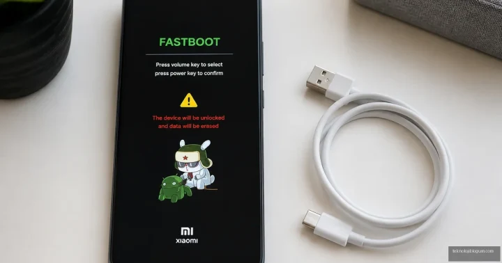 Fastboot ekranında açık bir Xiaomi telefonun yanında USB kablosu