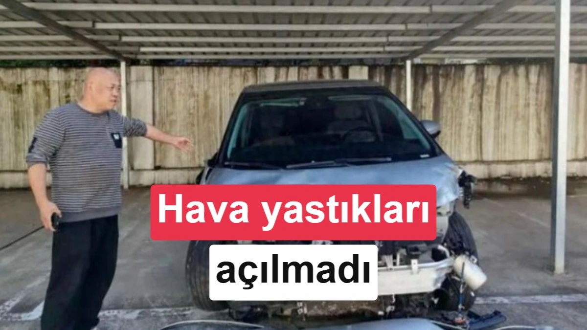 Hasarlı Xpeng X9’un yanında duran bir kişi; görselde hava yastıklarının açılmadığı belirtiliyor