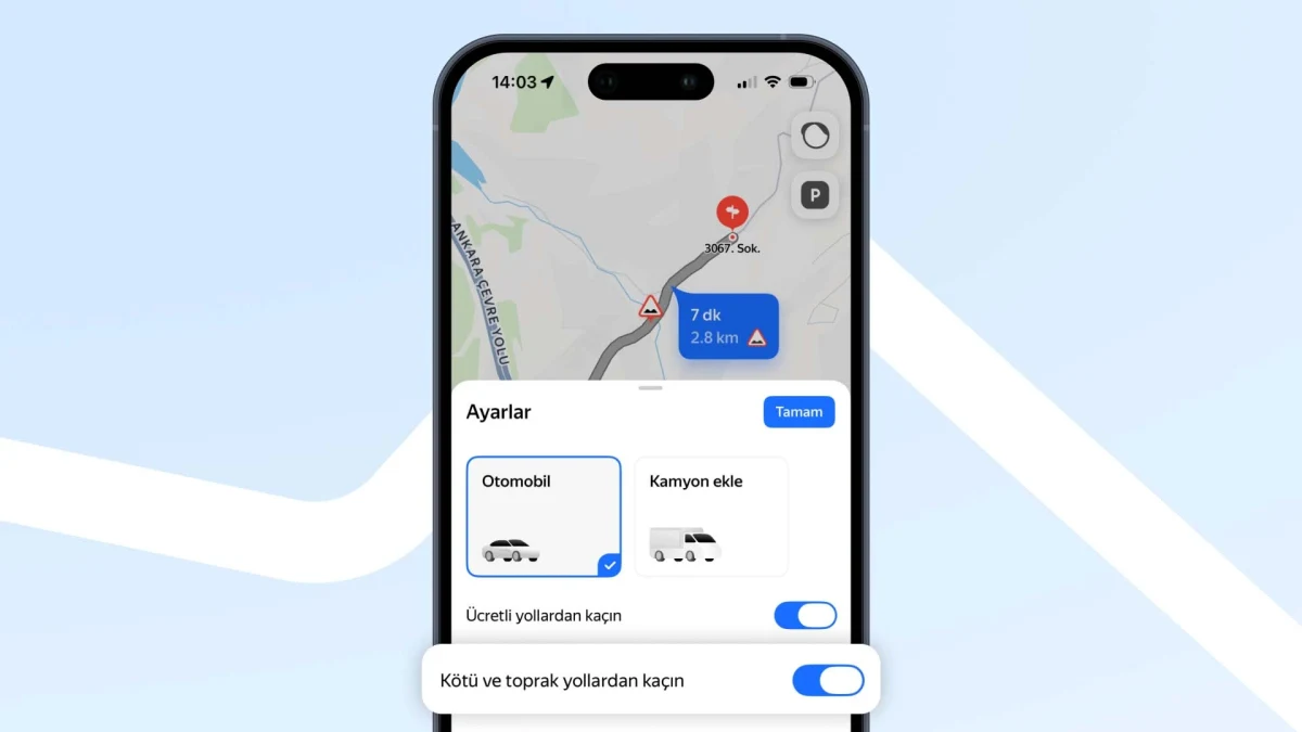 Yandex Maps uygulamasında kötü ve toprak yollardan kaçınma seçeneğini gösteren telefon ekranı