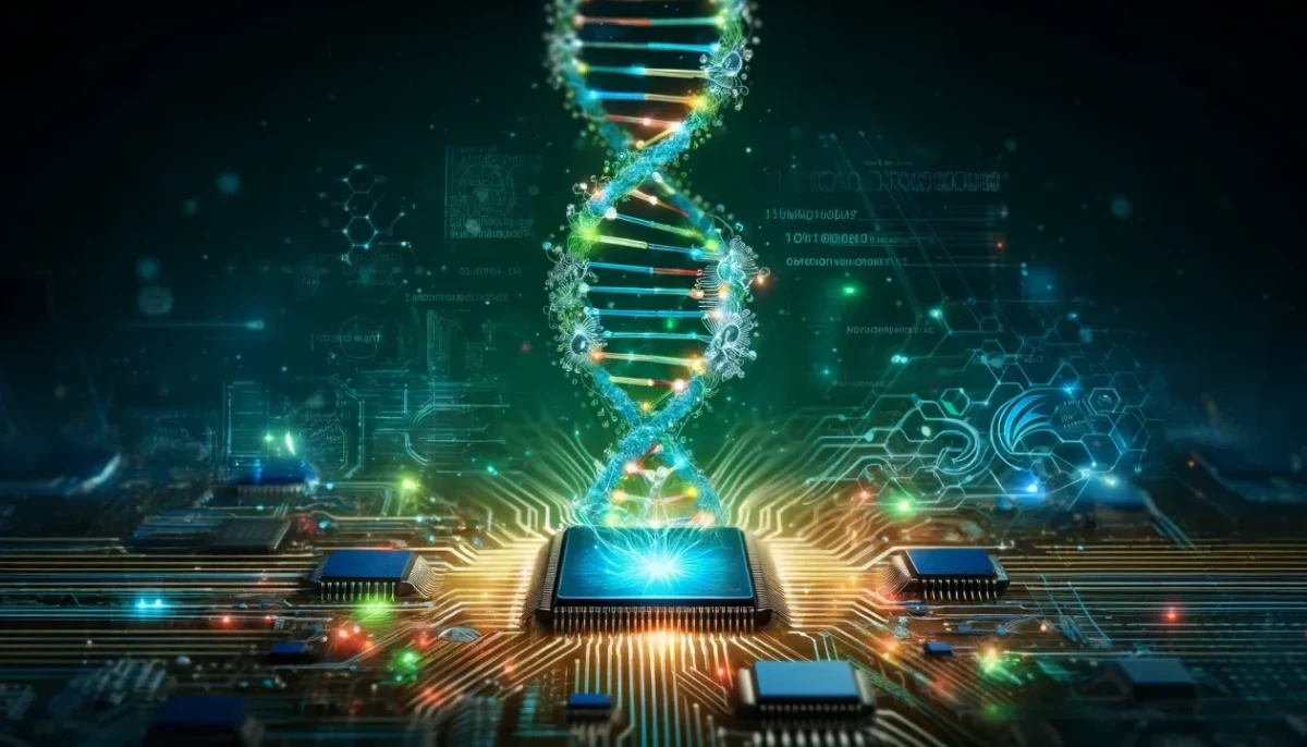 Devre kartları üzerinde yükselen ışıklı DNA sarmalı