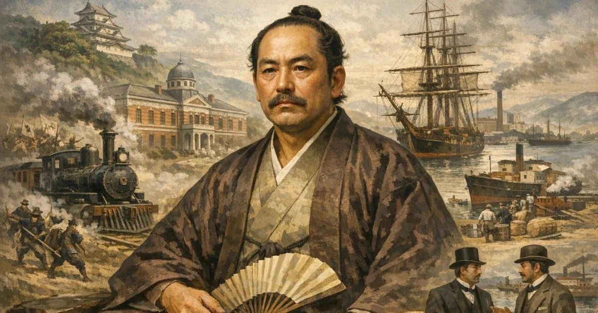 Yataro Iwasaki’yi ve 19. yüzyıl Japonya’sındaki ulaşım araçlarını betimleyen illüstrasyon