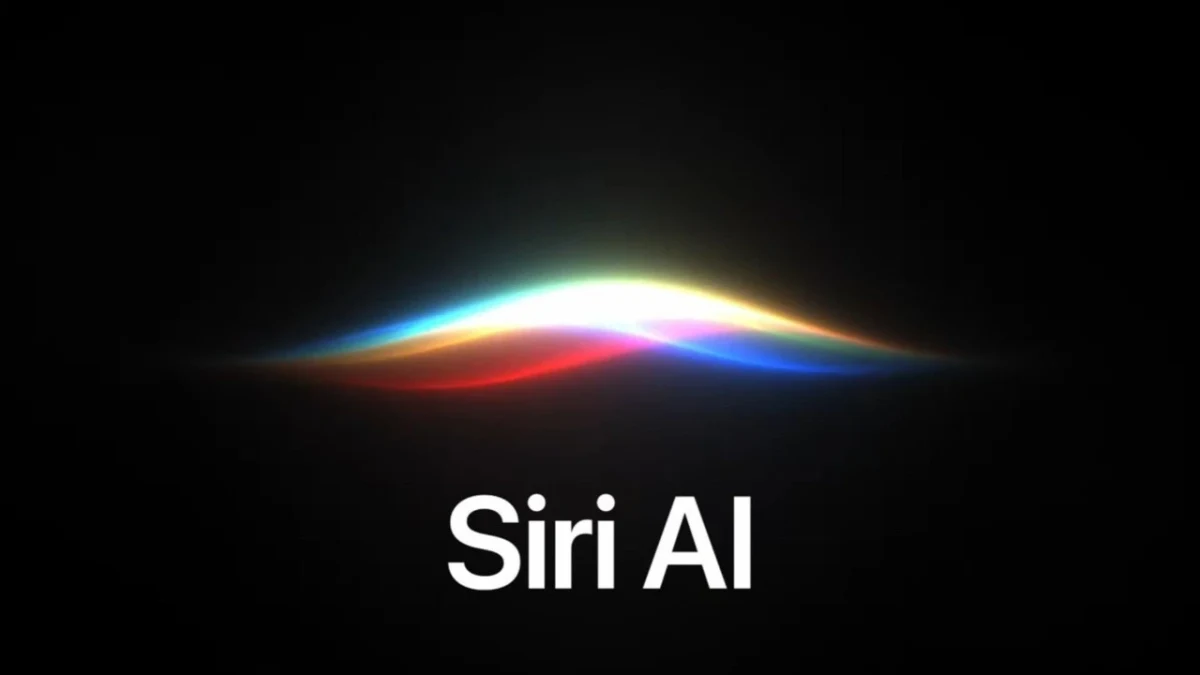 Siyah arka plan üzerinde renkli ışık çizgisinin altında Siri AI yazısı