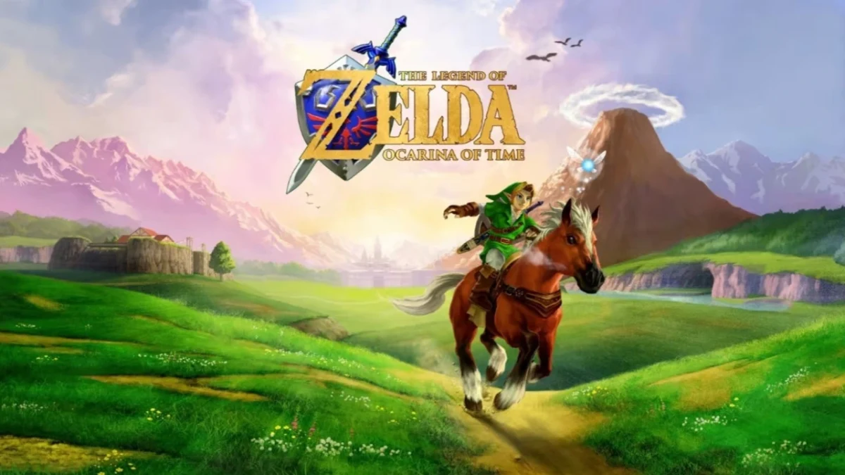 The Legend of Zelda: Ocarina of Time’da Link, atıyla yeşil bir arazide ilerliyor.