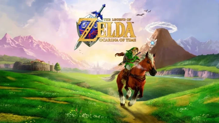 The Legend of Zelda: Ocarina of Time’da Link, atıyla yeşil bir arazide ilerliyor.